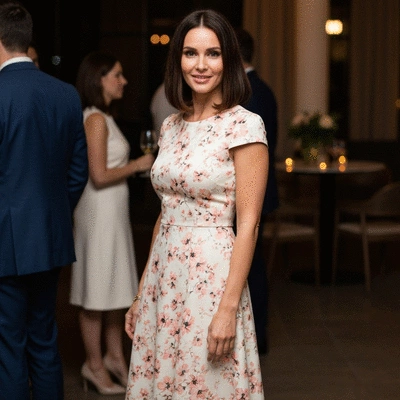 Elegant woman in a chic midi dress at a stylish social gathering