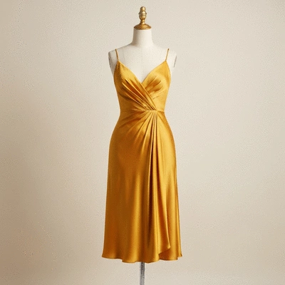 Elegant cocktail dress in warm mustard yellow on a mannequin