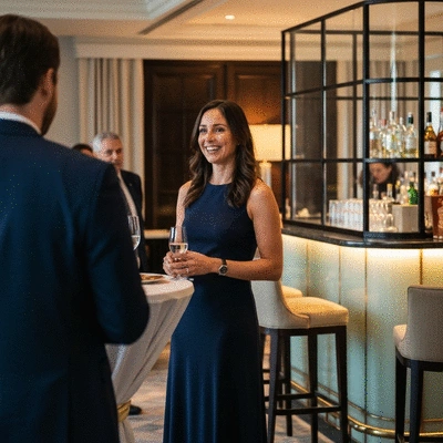 Woman in elegant knee-length cocktail dress at a professional event, smiling confidently