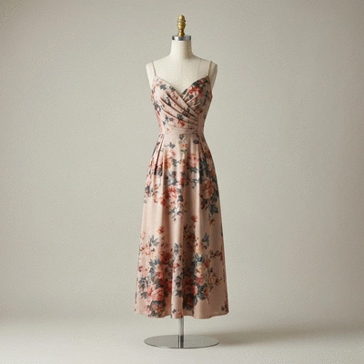 Elegant floral cocktail dress on a mannequin in a bright studio