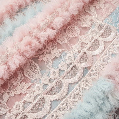 Detailed close-up of an elegant cocktail dress with intricate lace and ruffles