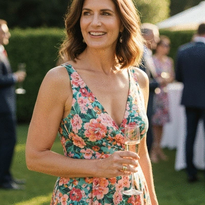 A stylish woman wearing a vibrant cocktail dress at a high-end garden event