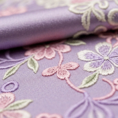 Detailed shot of luxurious silk fabric with floral embroidery