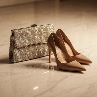 Close-up of a stylish clutch bag and high heel shoes