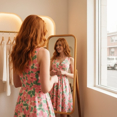 Fashionable woman trying on a stylish, affordable cocktail dress in a boutique, clean image