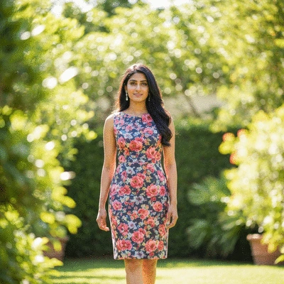 Woman wearing a stylish knee-length dress at a garden party setting