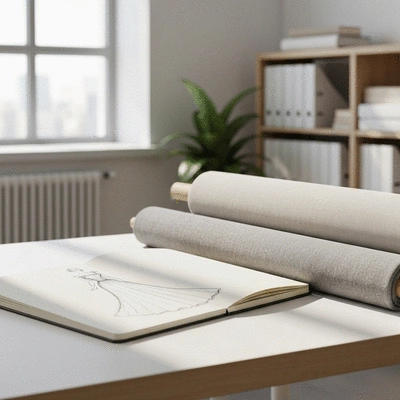 Sustainable fashion studio with eco-friendly fabrics and elegant dress designs