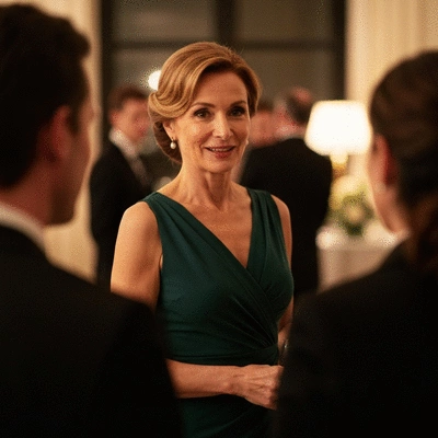 Woman wearing a stylish cocktail dress at a social gathering