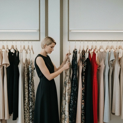 Woman choosing a cocktail dress for an event, elegant boutique setting, high fashion, natural lighting