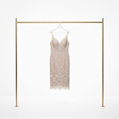 A luxurious cocktail dress with intricate lace details hanging on a minimalist gold rack