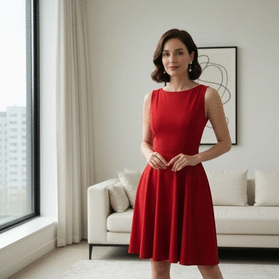 Woman confidently posing in a stylish cocktail dress, exuding elegance