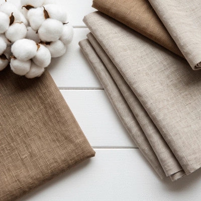 Selection of sustainable fabric swatches including organic cotton and linen in neutral tones