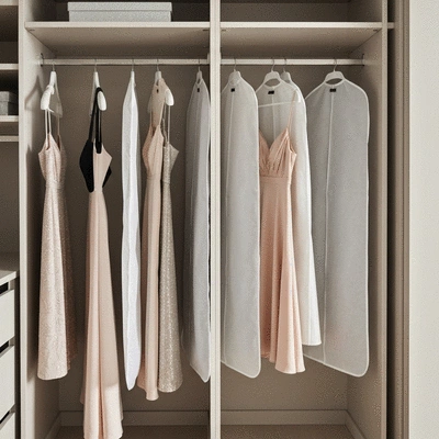 Elegant cocktail dresses hanging in breathable garment bags in a clean closet